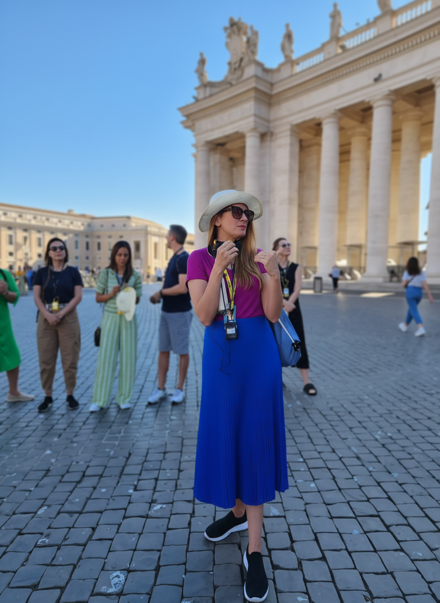Soraia Schutel conduzindo um grupo na Praça de São Pedro, em Roma